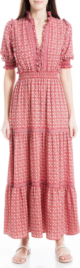 MAX STUDIO Ruffle Collar Print Tiered Maxi Dress | Nordstrom Rack