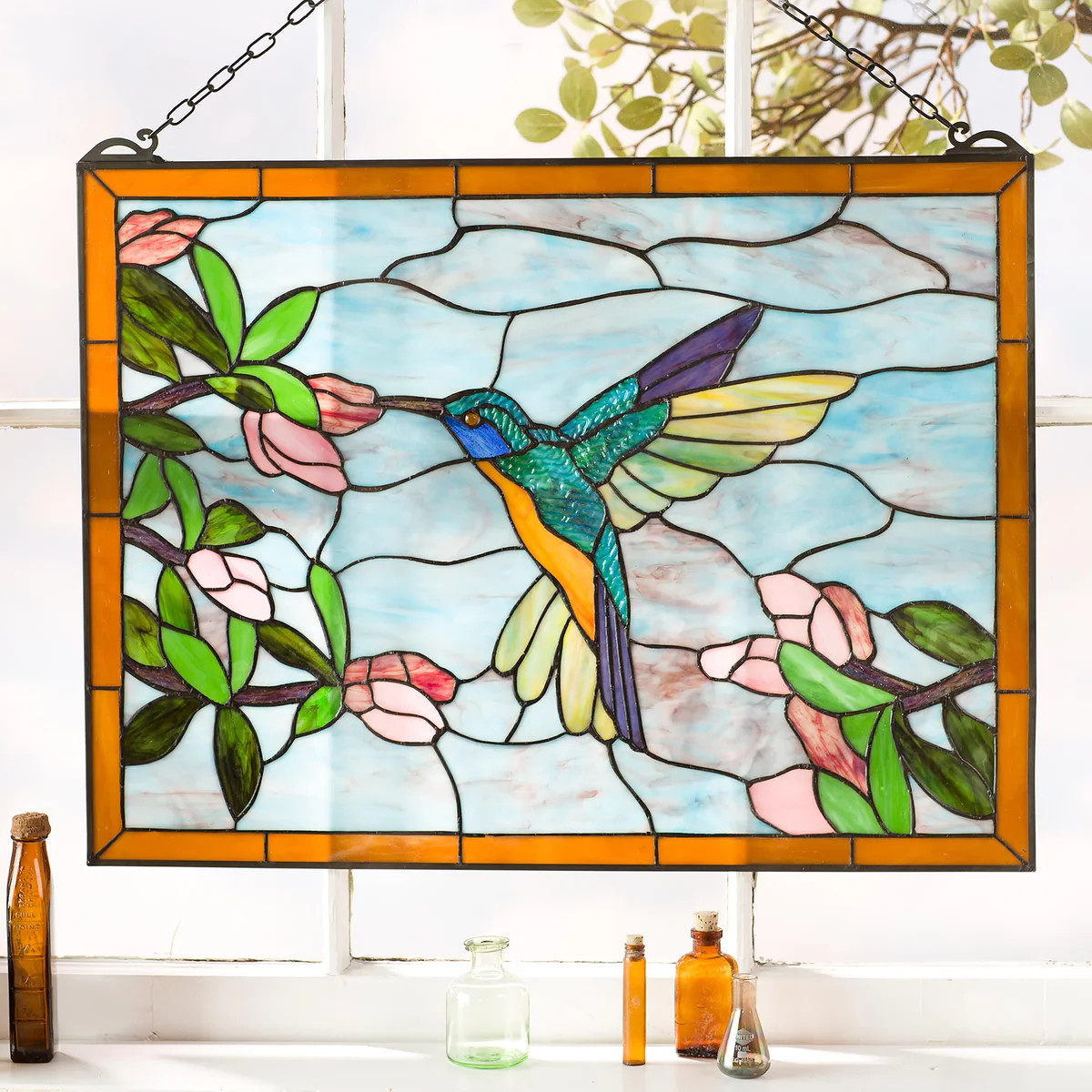 Stained Glass Hummingbird Art Panel with Metal Frame and Chain | Plow & Hearth