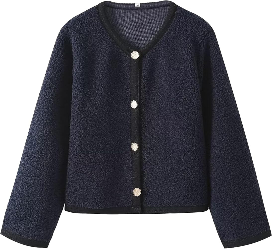 Women Cropped Bomber Jacket Long Sleeve Elegant Knit Cardigan Crew Neck Button Down Woolen Pea Co... | Amazon (US)