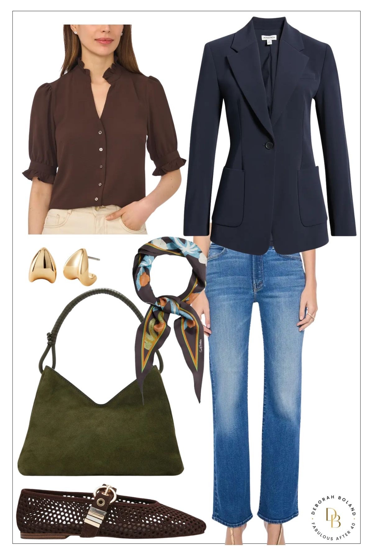 This v-neck ruffle sleeve top is the perfect piece to transition into Fall. I’ve layered a fitted blazer over it for some structure and added this pretty printed scarf and perforated flats for a little something extra.

#LTKSeasonal #LTKOver40 #LTKSaleAlert
