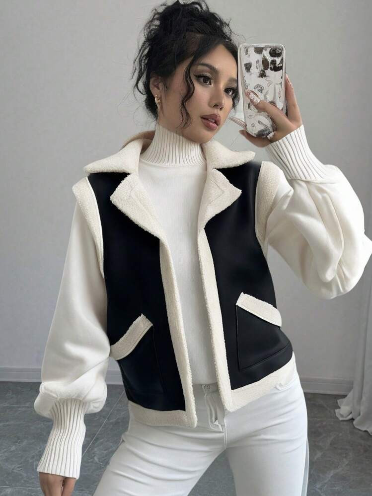Firerie Elegant & Fashionable Versatile Black Warm Sherpa Fleece Sleeveless PU Vest, Autumn/Winter,Fall And Winter,Casual,Black And White,PU, | SHEIN