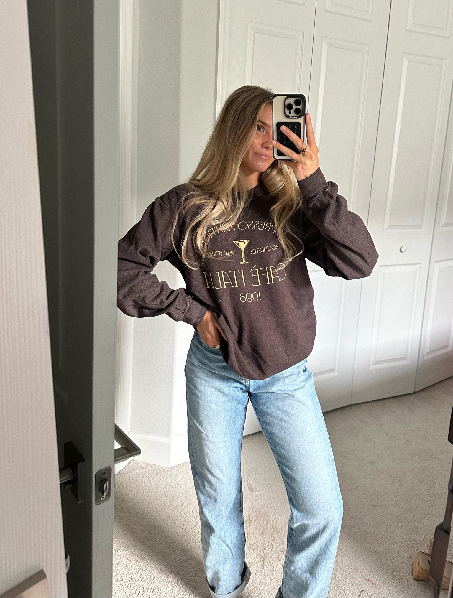 Pacsun Golden Hour Espresso Martini Crew Neck Sweatshirt. Brown sweater. Pullover. Graphic pullover. Outfit. Fall fashion. Fall fashion trends. Madewell 90s fit denim jeans. Espresso martini. Gift idea for her  

#LTKsalealert #LTKHoliday #LTKfindsunder50