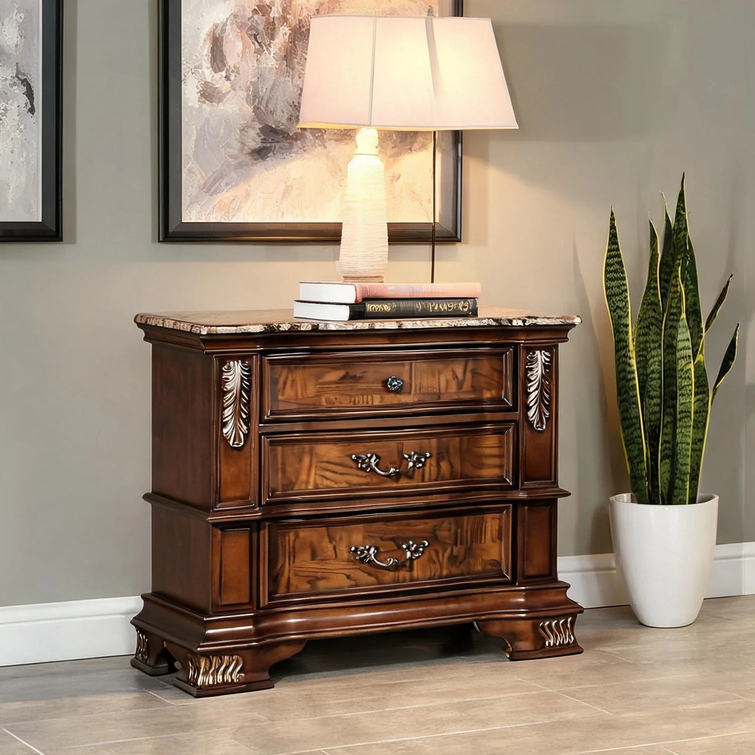 Naturefalls Classic Brown Traditional Nightstand with Genuine Marble Top and Cedar-Lined Drawer 32 W x 18 D x 29.5 H one_size | CKVNXCHELV2C | Lowe's