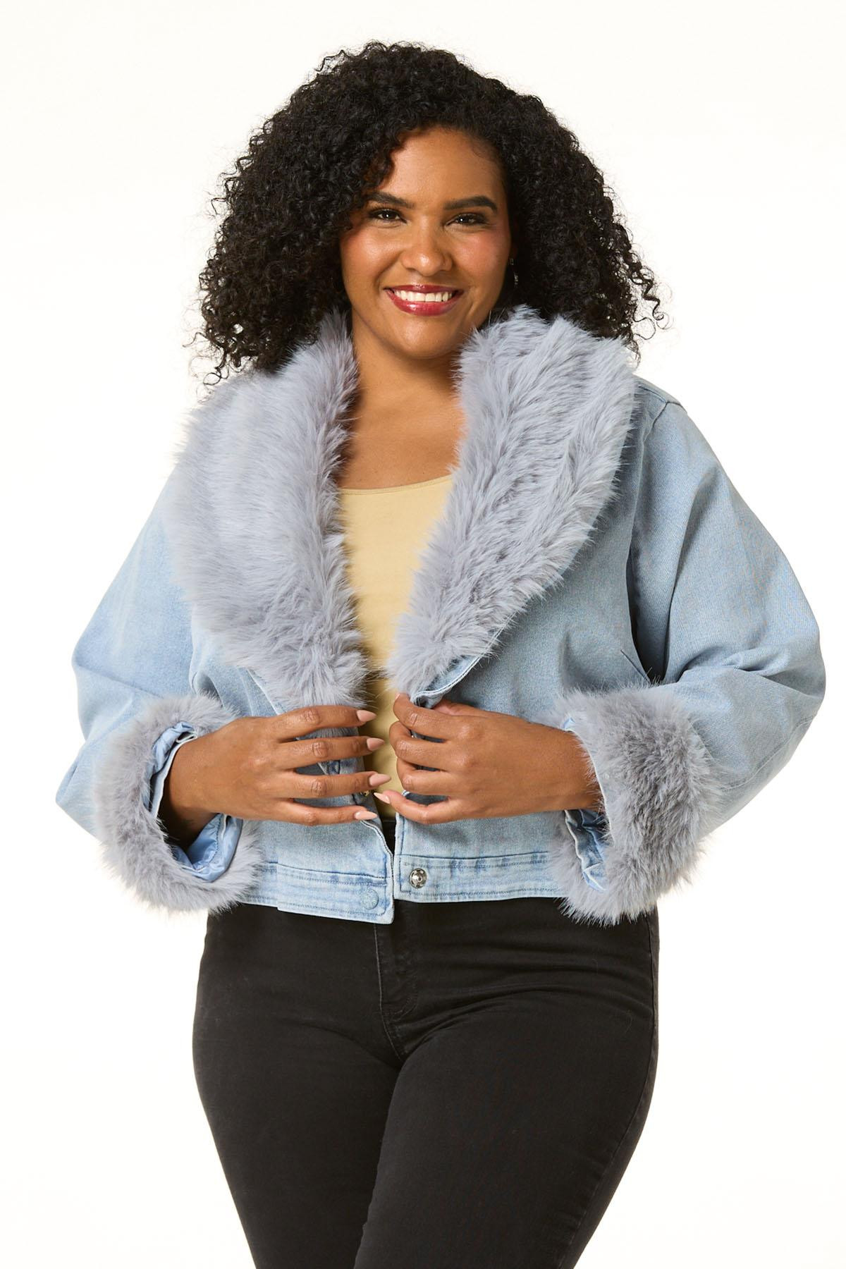Plus Size Fur Trim Denim Jacket | Cato Fashions