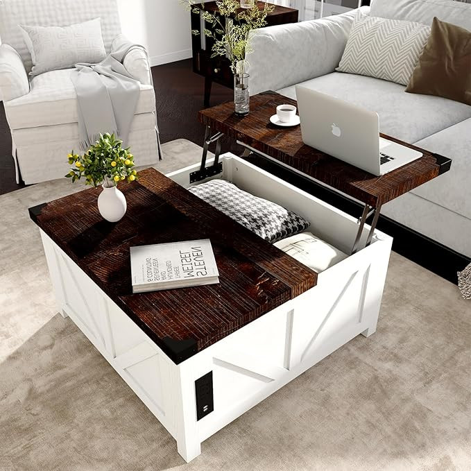 Farmhouse Lift Top Coffee Table with Storage, Wood Square Center Table with Charging Station&USB ... | Amazon (US)