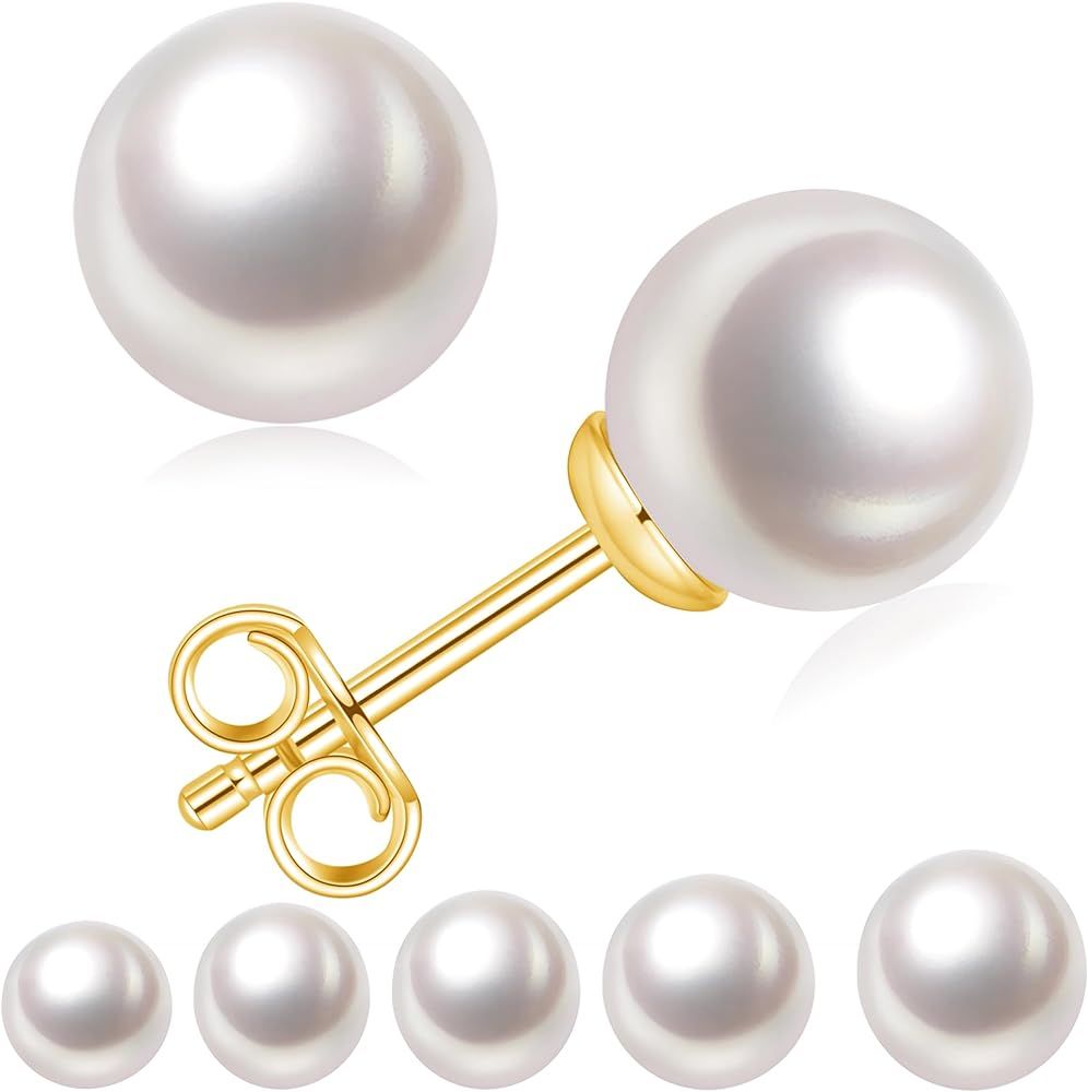 18K Gold Plated Round White Freshwater Cultured Pearl Earrings Studs for Women | Amazon (US)