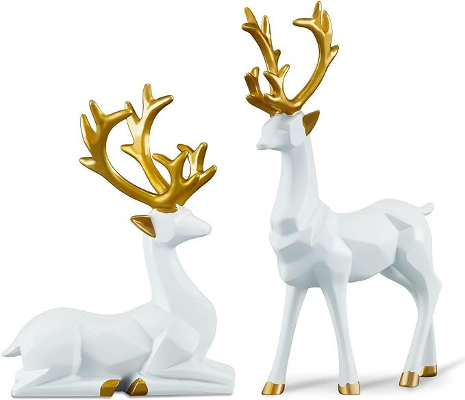 Christmas Reindeer Figurines - 2 PCS Resin Sitting & Standing Deer Figurine Statues for Christmas... | Amazon (US)