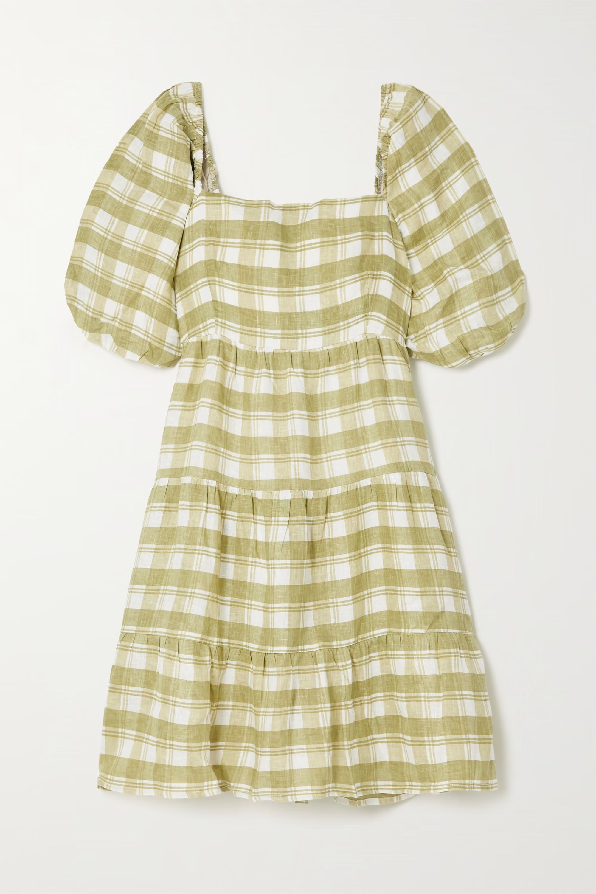 Sage green + NET SUSTAIN Leilani shirred checked linen mini dress | FAITHFULL THE BRAND | NET-A-P... | NET-A-PORTER (US)