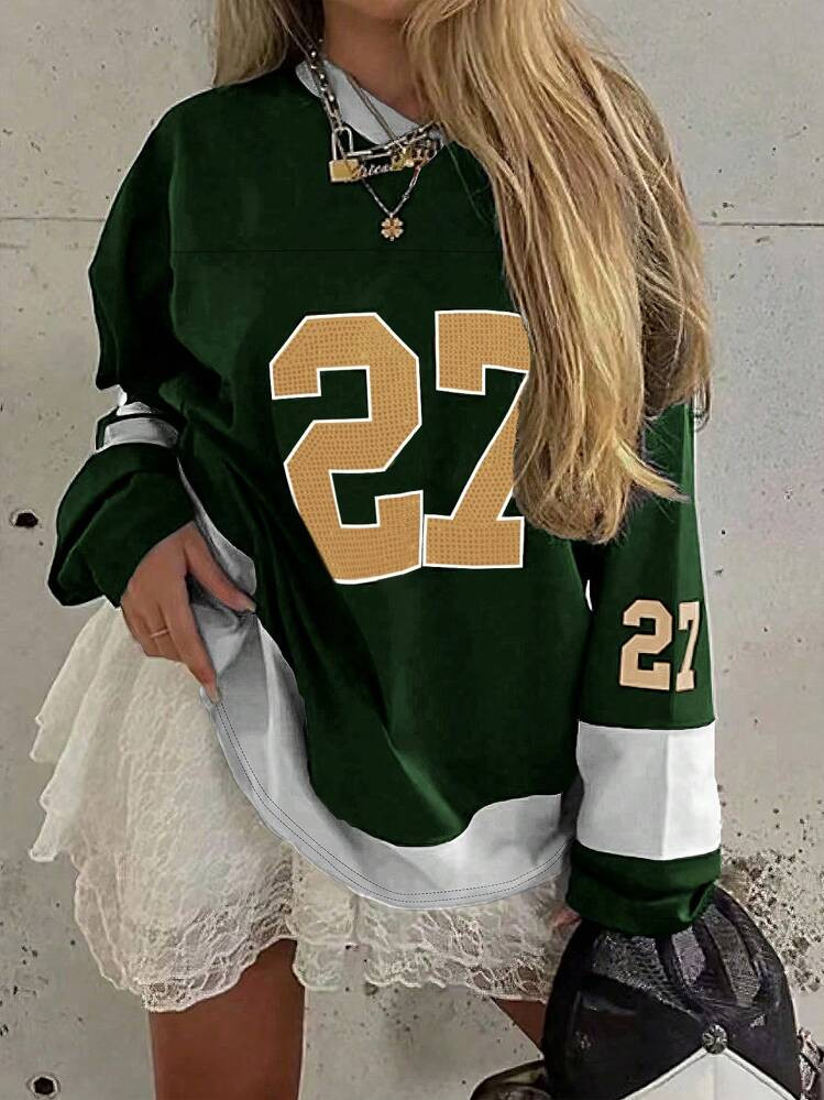 INAWLY Dames Casual Loose Fit Colorblock Digit Print V-hals Lange Mouw T-shirt, Lente/Herfst Graf... | SHEIN