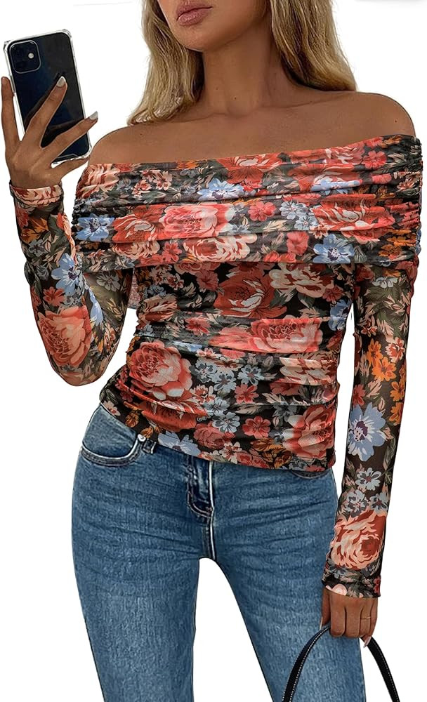 PRETTYGARDEN Women's Fall Tops 2025 Off The Shoulder Long Sleeve Fitted Y2k Shirts Floral Ruched ... | Amazon (US)