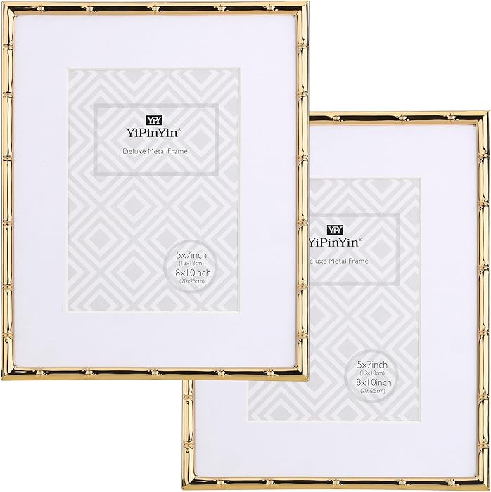 8x10'' Bamboo Detail Gold Metal Picture Frame with Acid Free Mat for 5x7'' Set of 2, Narrow Gold ... | Amazon (US)
