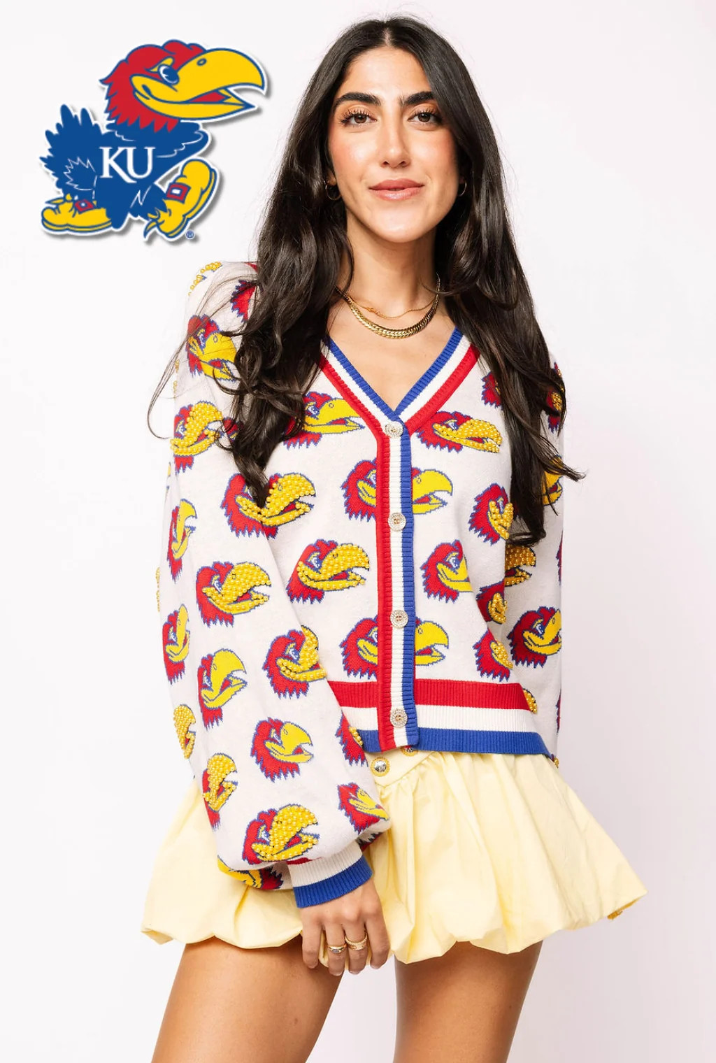 Licensed Kansas Knit In Mascot Rhinestone Cardigan | Queen of Sparkles