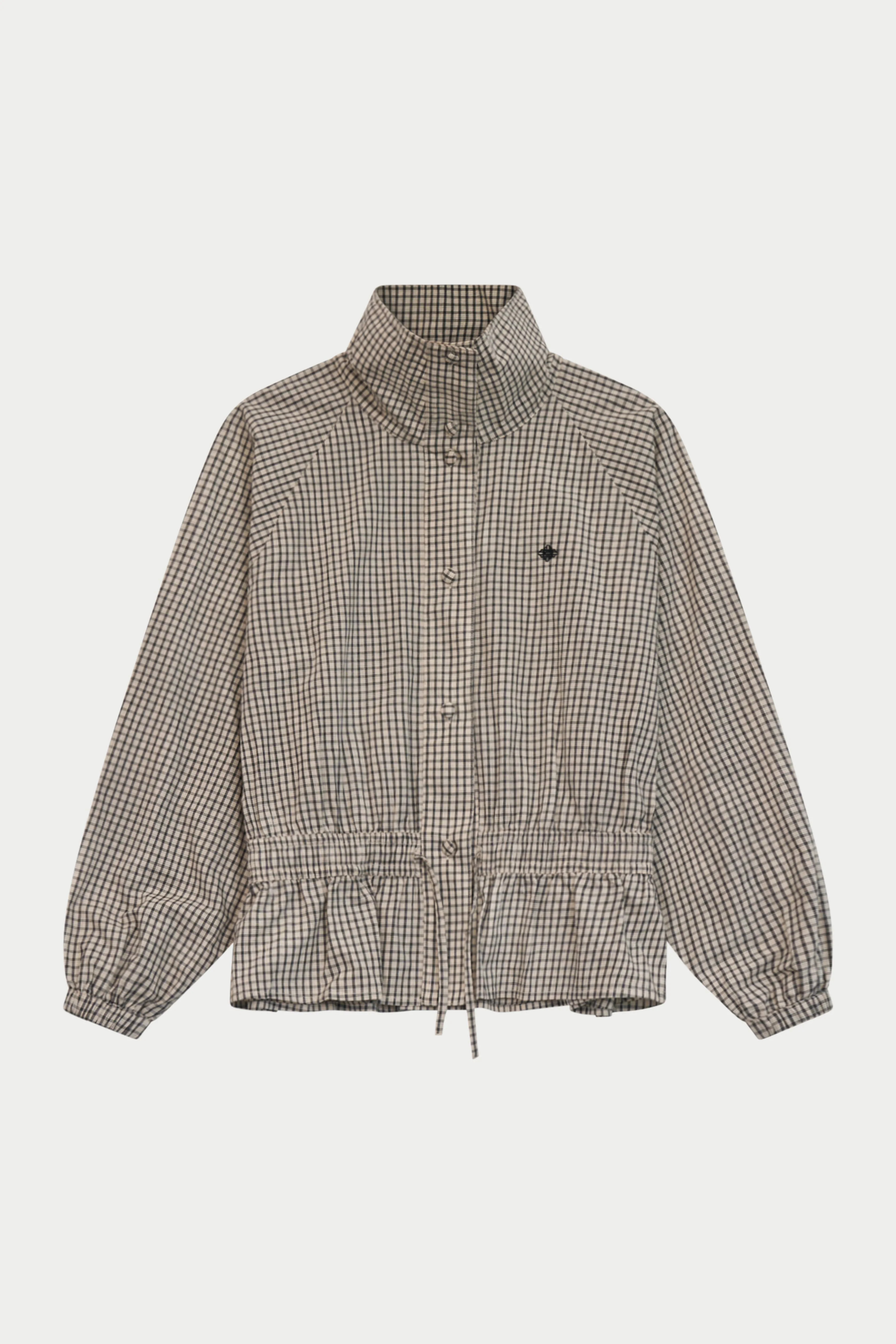 CHECKED DROP WAIST FUNNEL NECK JACKET - OFF WHITE / BLACK | The Couture Club
