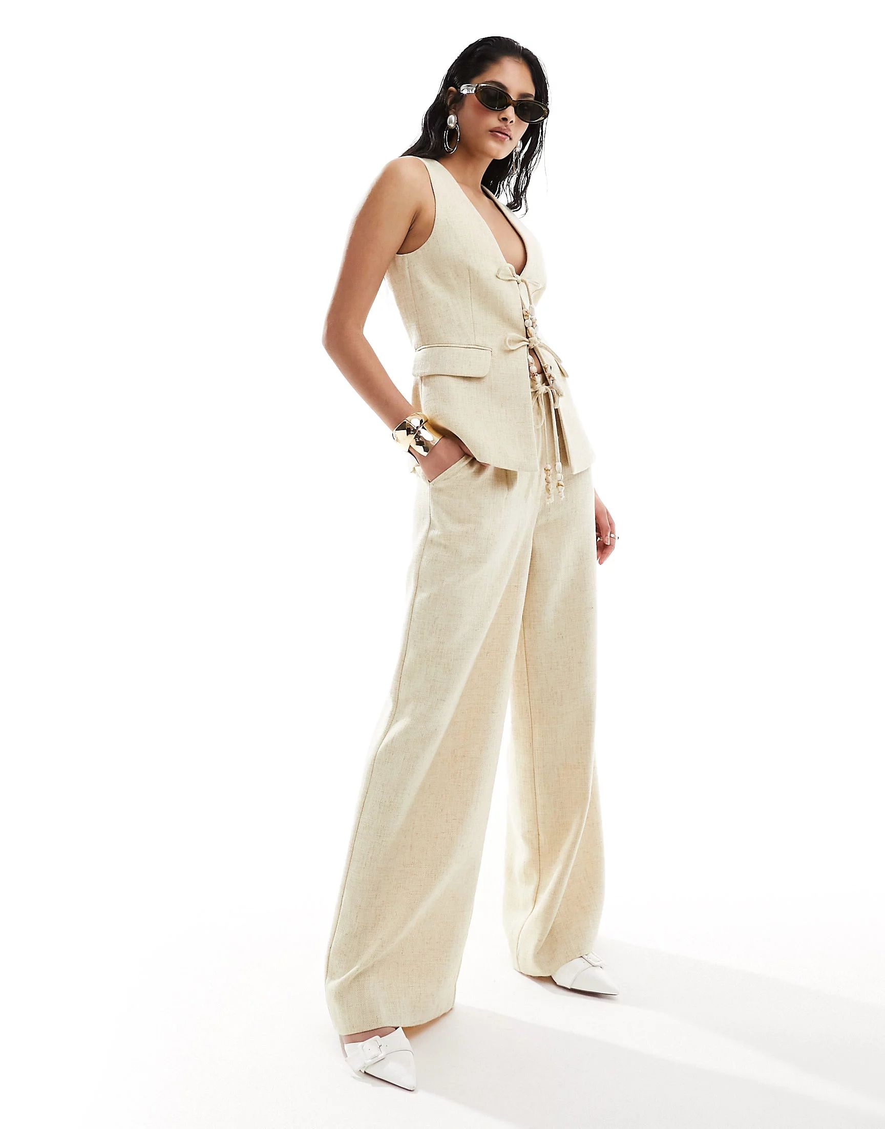 ASOS DESIGN wide leg pants with beaded tie detail in textured cream | ASOS (Global)