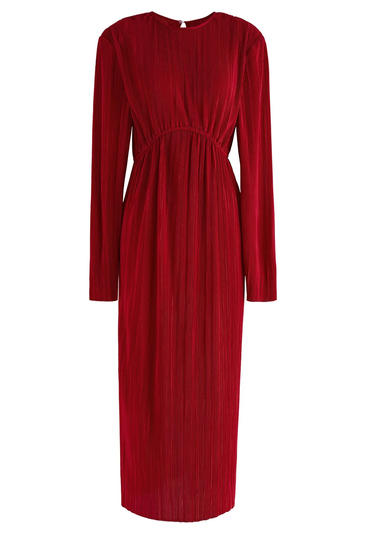 Pad Shoulder Open Back Plisse Midi Dress in Red | Chicwish