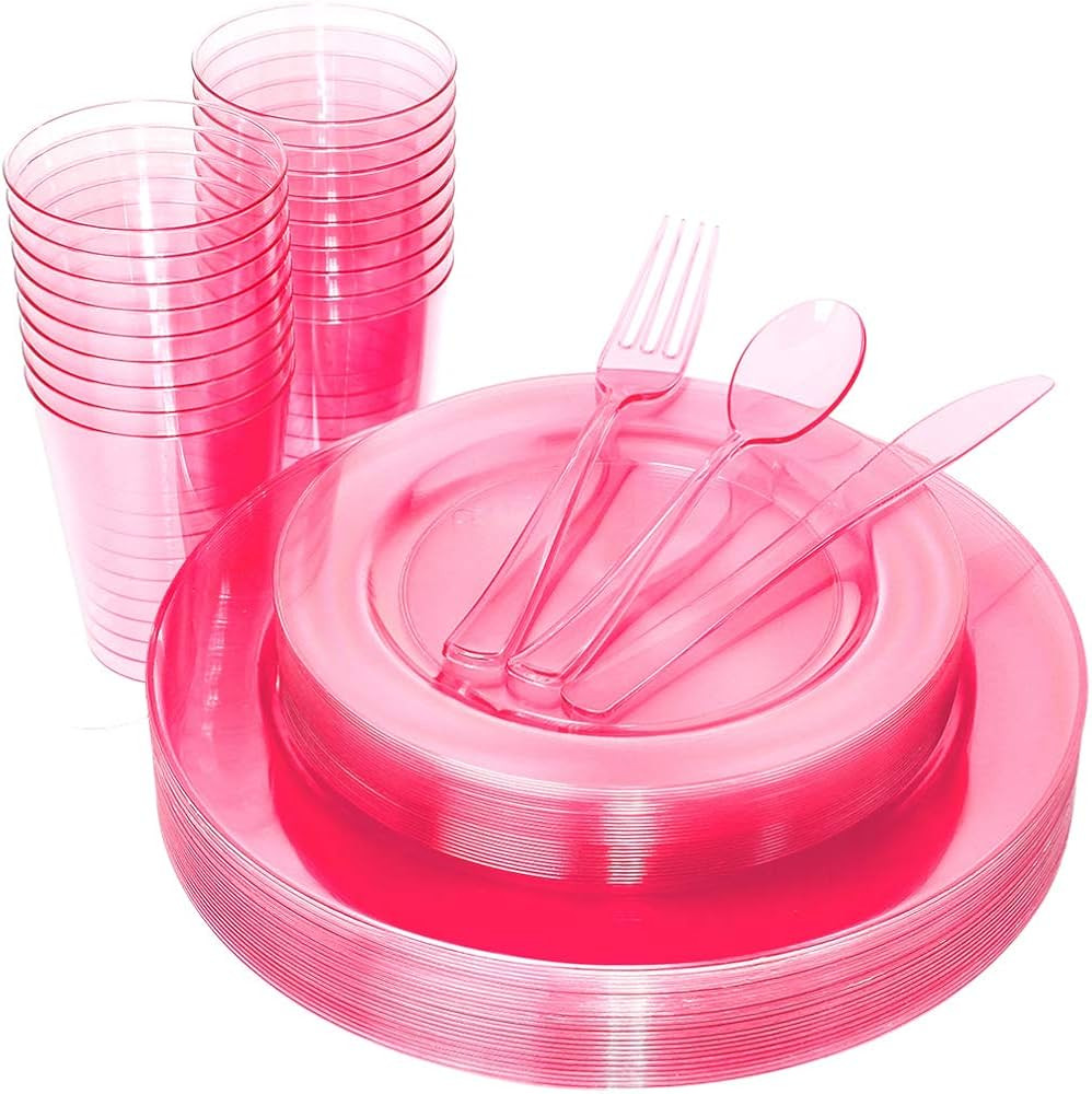WDF 25 Guest Pink Plates with Disposable Plastic Silverware&Pink Cups-Neon Clear Plastic Dinnerwa... | Amazon (US)