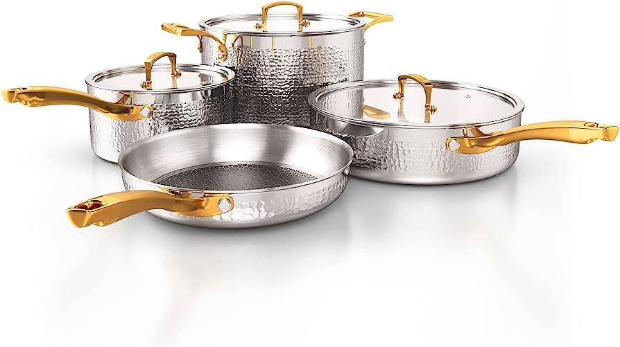 Homaz life Pots and Pans Set, Tri-Ply Stainless Steel Hammered Kitchen Cookware, Induction Compat... | Amazon (US)
