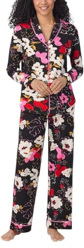 Room Service Womens 2-Piece Shawl Collar Pajama Set (US, Alpha, Large, Regular, Regular, Black Floral) | Amazon (US)