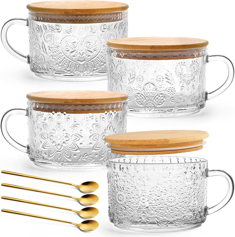 YORY 4-Pack Vintage Glass Mugs with Bamboo lids and Spoons Coffee Tea Cups Gifts for Women Overni... | Amazon (US)