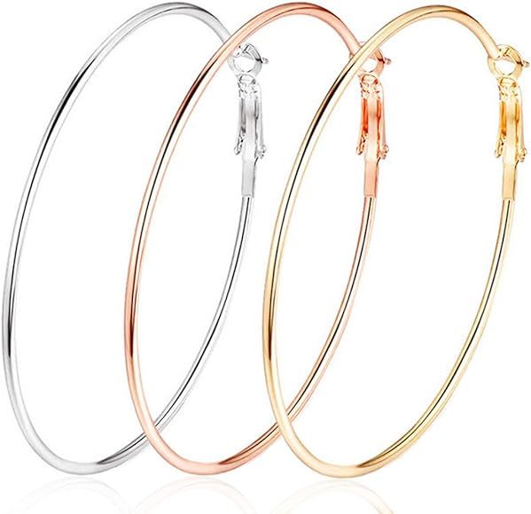 Cocadant 3 Pairs Big Hoop Earrings,Stainless Steel Hoop Earrings 14K Gold Plated Rose Gold Plated... | Amazon (US)