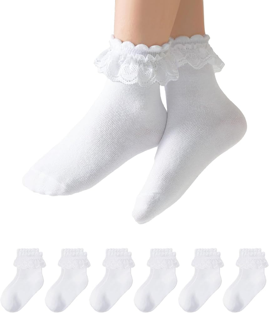 4T-10Y Girls White Ruffle Socks Lace Frilly Dress Cotton School Uniform Crew Socks for Toddler Li... | Amazon (US)
