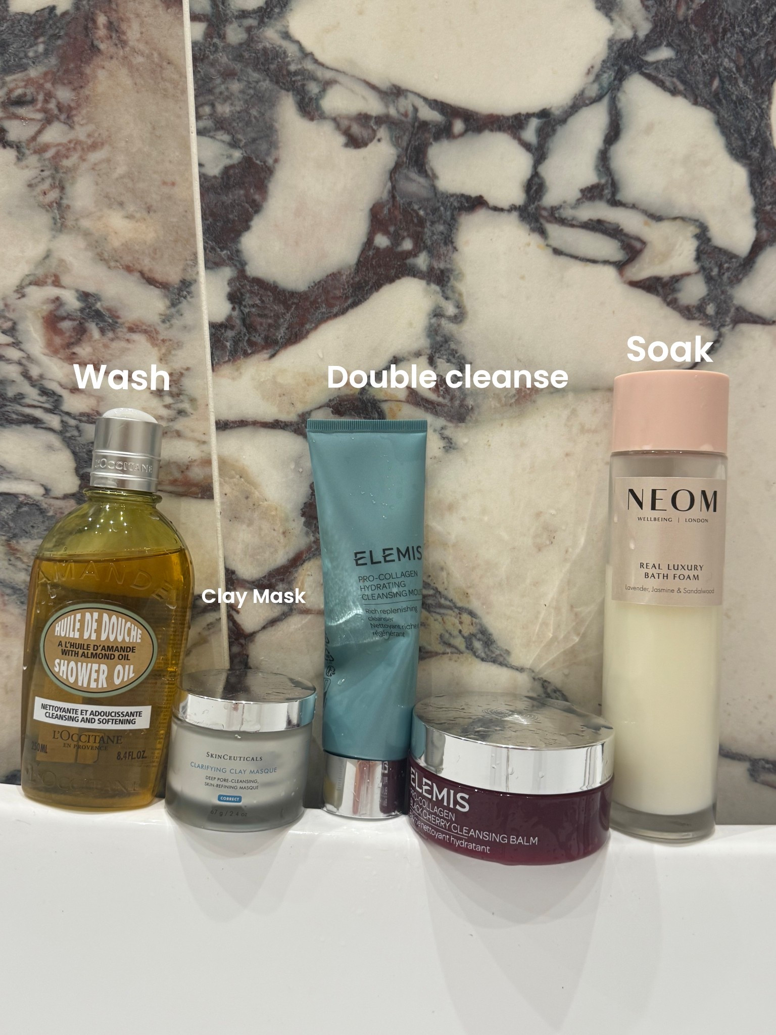 Bathtime essentials 🛁🫧
- Neom bath soak that leaves your skin feeling super soft and smells like heaven
- L’Occitane shower oil because the almond scent and silky texture is too hard to resist
- Elemis pro collagen cleanser to start. The Cherry is just good enough to eat 🍒 
- Elemis foaming mousse cleanser- perfect for double cleansing, leaving your skin feeling glassy and clean
- Skinceuticals clay mask because honestly this is the best I’ve used to unclog pores & refresh skin. It looks UNREAL the following day. 
