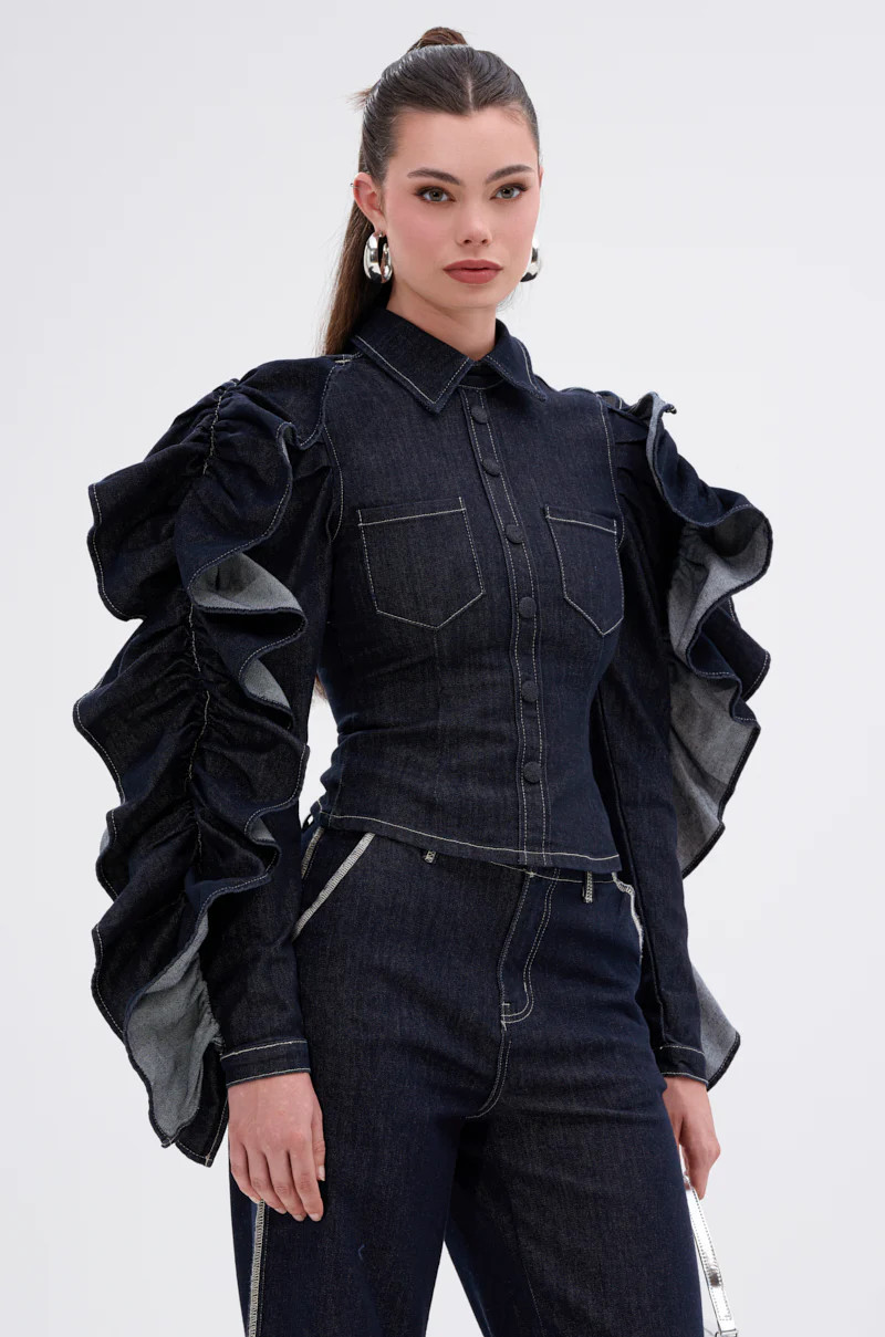 RUFFLED UP LONG SLEEVE DENIM TOP | AKIRA