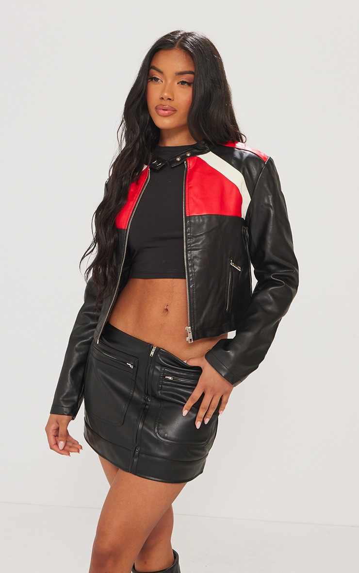 Black Contrast Panel Faux Leather Moto Jacket | PrettyLittleThing US