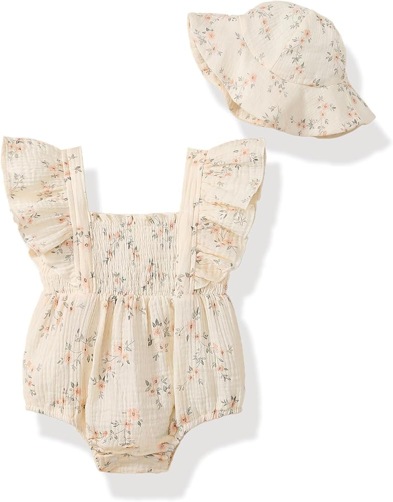 Baby Girl Floral Smocked Romper Outfit with Hat Newborn Set | Amazon (US)