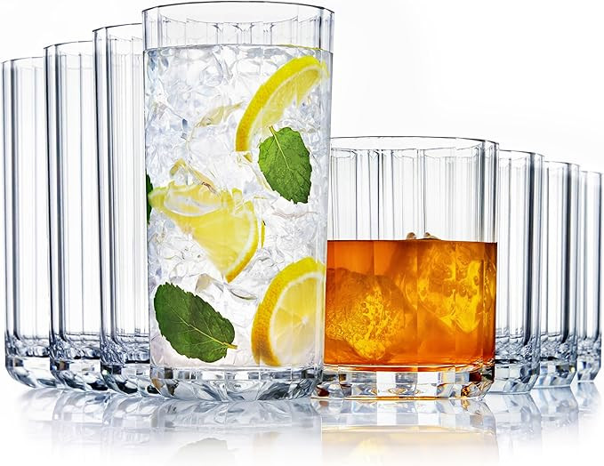 US Acrylic Faceted Clear Plastic Drinking Glasses Set of 8 | 14oz Rocks & 18oz Water Tumblers, BP... | Amazon (US)