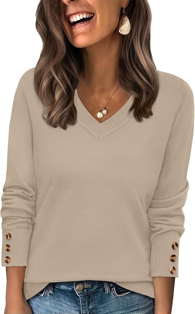 WIHOLL Lightweight Sweaters for Women Long Sleeve V Neck Knit Outfits with Decorative Buttons | Amazon (US)