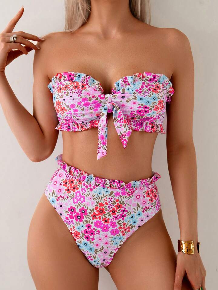 Swim Mod Spring/Summer Bestselling Ditsy Floral Beach 2pcs/Set Ruffle Bandeau Suit | SHEIN