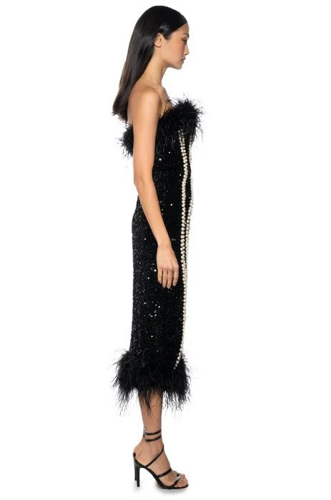 PEARLESCENT STRAPLESS EMBELLISHED BODYCON MIDI DRESS in black white | AKIRA