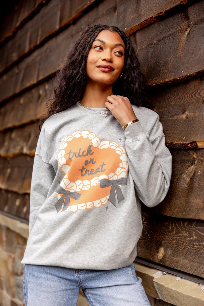 Trick Or Treat Cake Light Grey Graphic Sweatshirt | Pink Lily