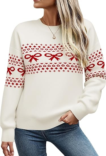 ECOWISH Bow Sweater Women Christmas Casual Long Sleeve Knit Tops Crew Neck Jumper Pullover Oversi... | Amazon (US)