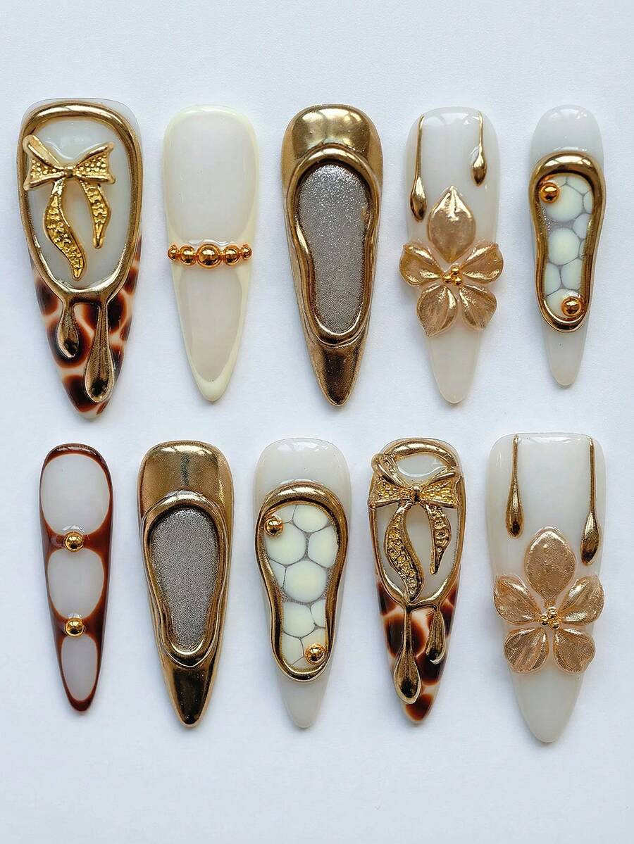 10 PCS Pure Handmade Y2K Elegant False Nails Long Almond, White Gold Liquid Metal & Sculpted Flow... | SHEIN