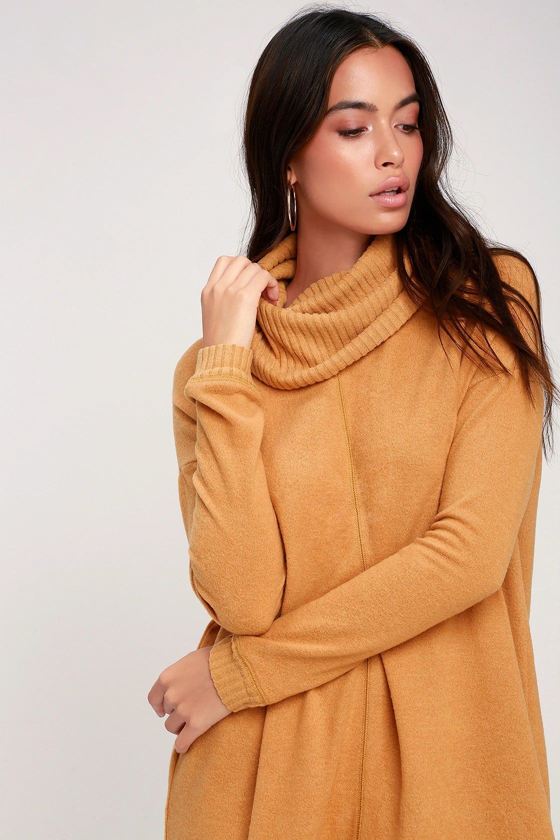 Autumn Daze Camel Cowl Neck Long Sleeve Sweater Dress | Lulus (US)
