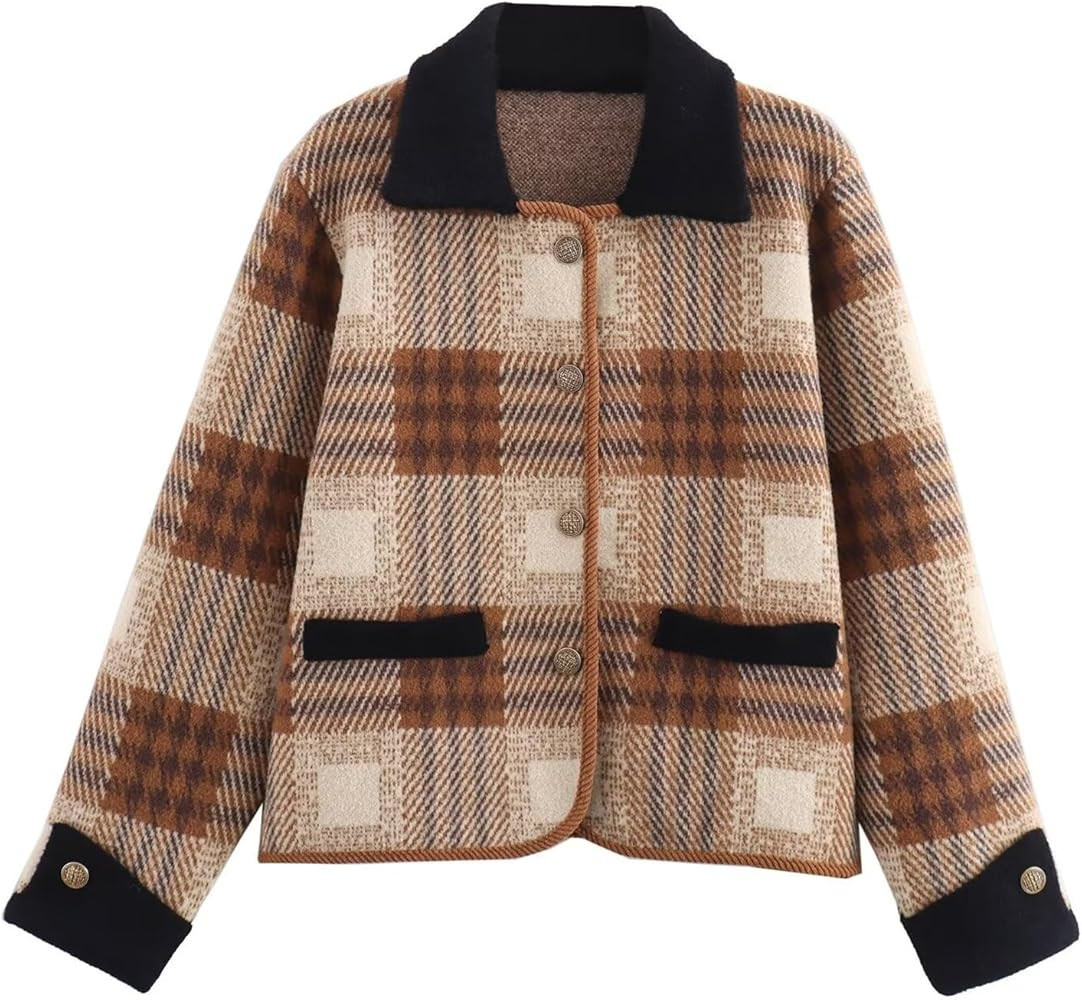 HOULENGS Women's Vintage Long Sleeve Plaid Print Cardigan Sweater Button Down Lapel Knit Sweater ... | Amazon (US)