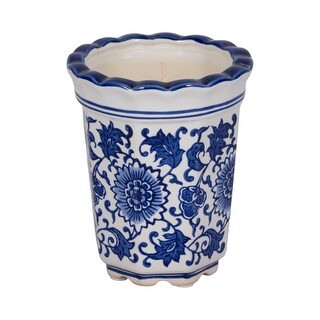 Sagebrook Home Ceramic Wax Fluted Chinoiserie Candle, 4-Inch, 7oz Blue/White - 4" x 4" x 6" - Bed... | Bed Bath & Beyond