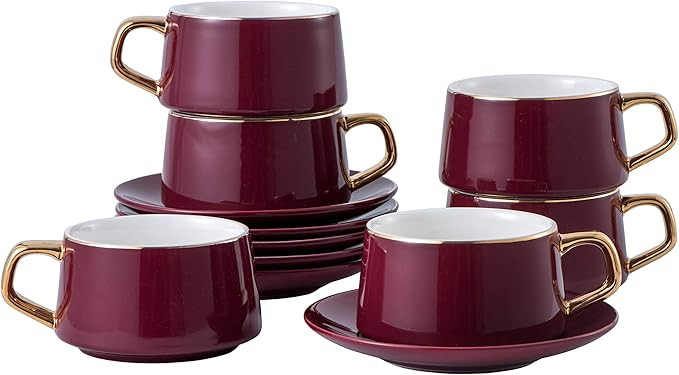 Set of 6 (8.5 oz) Cups and Saucers with gold trim and gift box, Luxury Tea Cup Set, Esspresso Cup... | Amazon (US)
