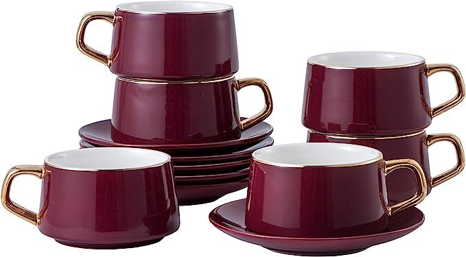 Set of 6 (8.5 oz) Cups and Saucers with gold trim and gift box, Luxury Tea Cup Set, Esspresso Cup... | Amazon (US)