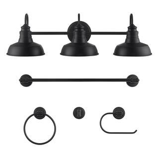 Elmcroft 29 in. 3-Light Matte Black Farmhouse Vanity Light with Matching 4-Piece Bathroom Hardwar... | The Home Depot