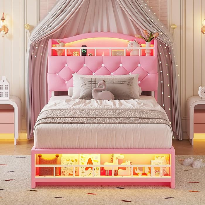Twin Size Bed Frame with LED Lights, Princess Velvet Upholstered Platform Bed for Girls, Headboar... | Amazon (US)