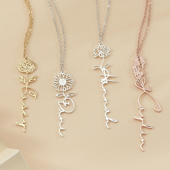 Dainty Name Necklace with Birth Flower, Personalized Name Necklace, Custom Gold Name Jewelry, Bir... | Etsy (US)