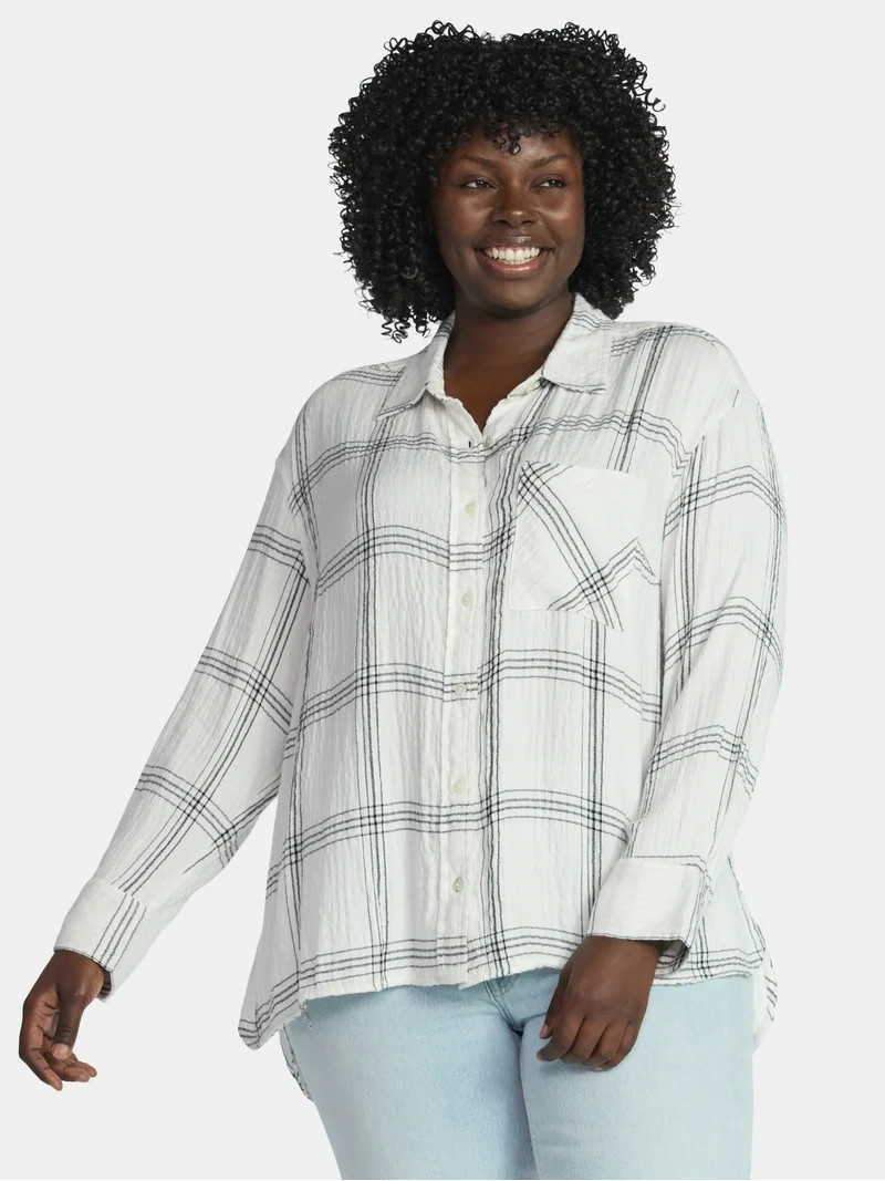 Terra & Sky Women's Plus Plaid Button Front Shirt, Sizes 0X-5X - Walmart.com | Walmart (US)