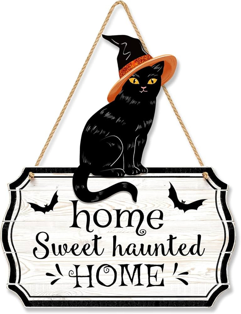 Halloween Decorations 3D Black Cat Door Hanger Home Sweet Haunted Home Wooden Door Sign Rustic Wa... | Amazon (US)