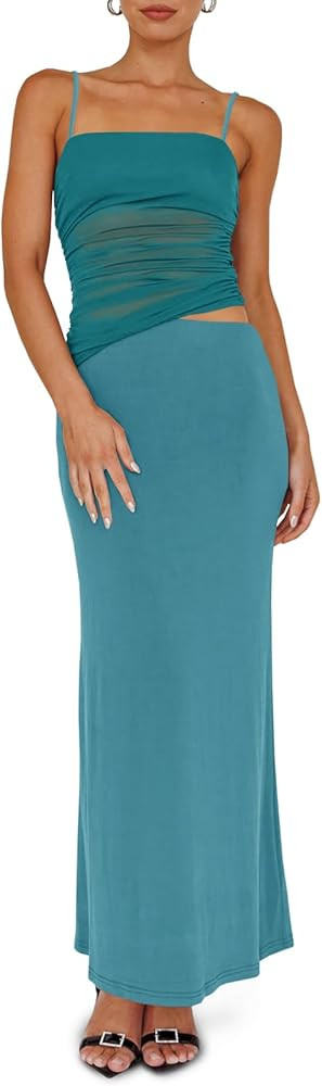 Fisoew Womens 2 Piece Skirt Dress Set Summer Sheer Mesh Ruched Camisole Tops Maxi Skirts Sexy Bod... | Amazon (US)