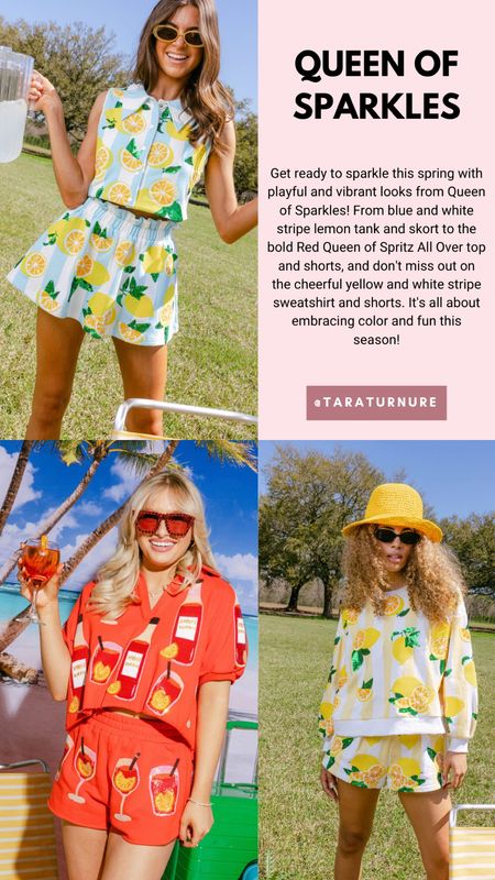 Embrace the joy of spring with playful looks from Queen of Sparkles! From blue & white stripe lemon tank and skort to the bold Red Queen of Spritz All Over top and shorts, and don't miss the cheerful yellow & white stripe sweatshirt and shorts.  #QueenOfSparkles #SpringFashion #SpringOutfit #PlayfulLooks #ColorfulStyle #FashionFaves



#LTKSeasonal #LTKstyletip