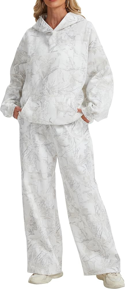 Womens 2 Piece Sweatsuits Fall Outfits Oversized Camo Hoodie Wide Leg Sweatpants Travel Lounge Ma... | Amazon (US)