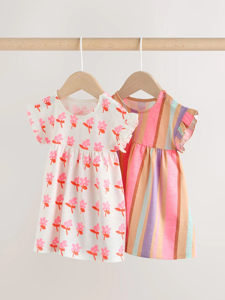 White Floral/ Pink Stripe Baby Short Sleeve Dresse 2 Pack (0mths-3yrs) | Next US